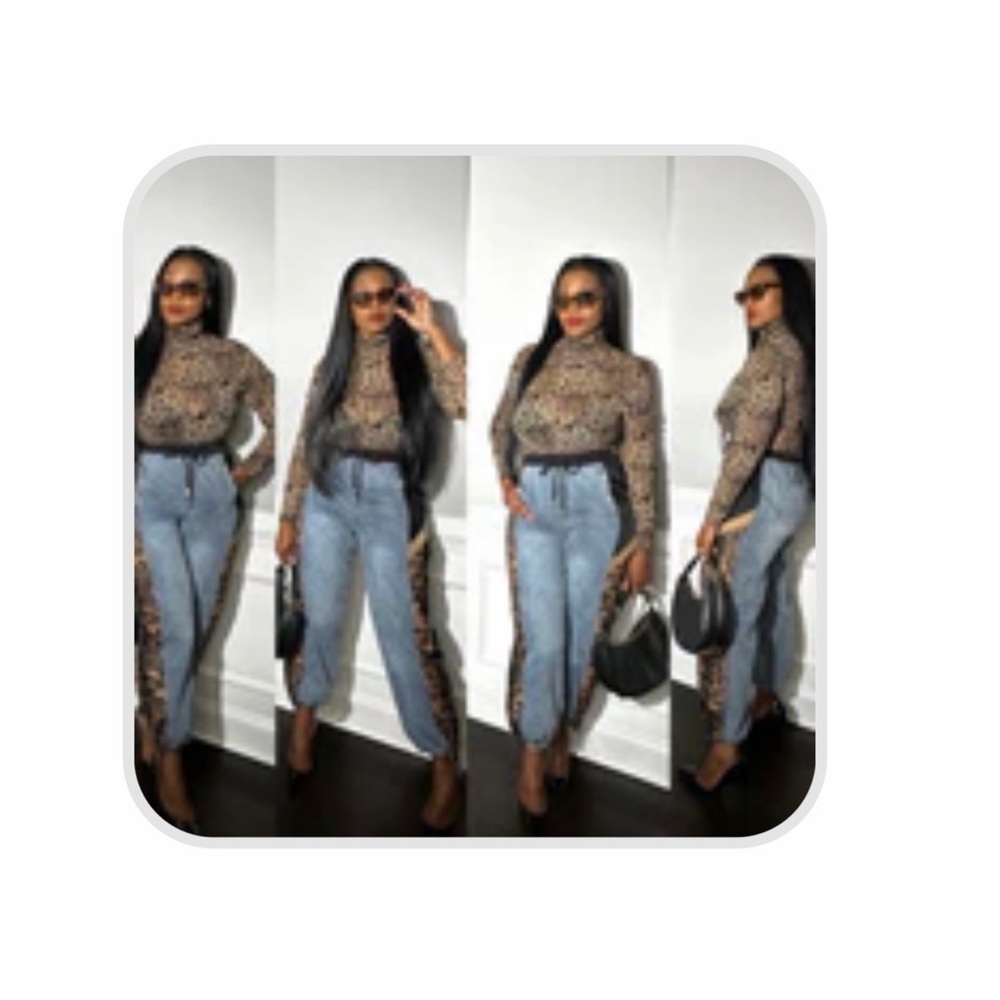 Blue Denim Joggers with Leopard Print Accents